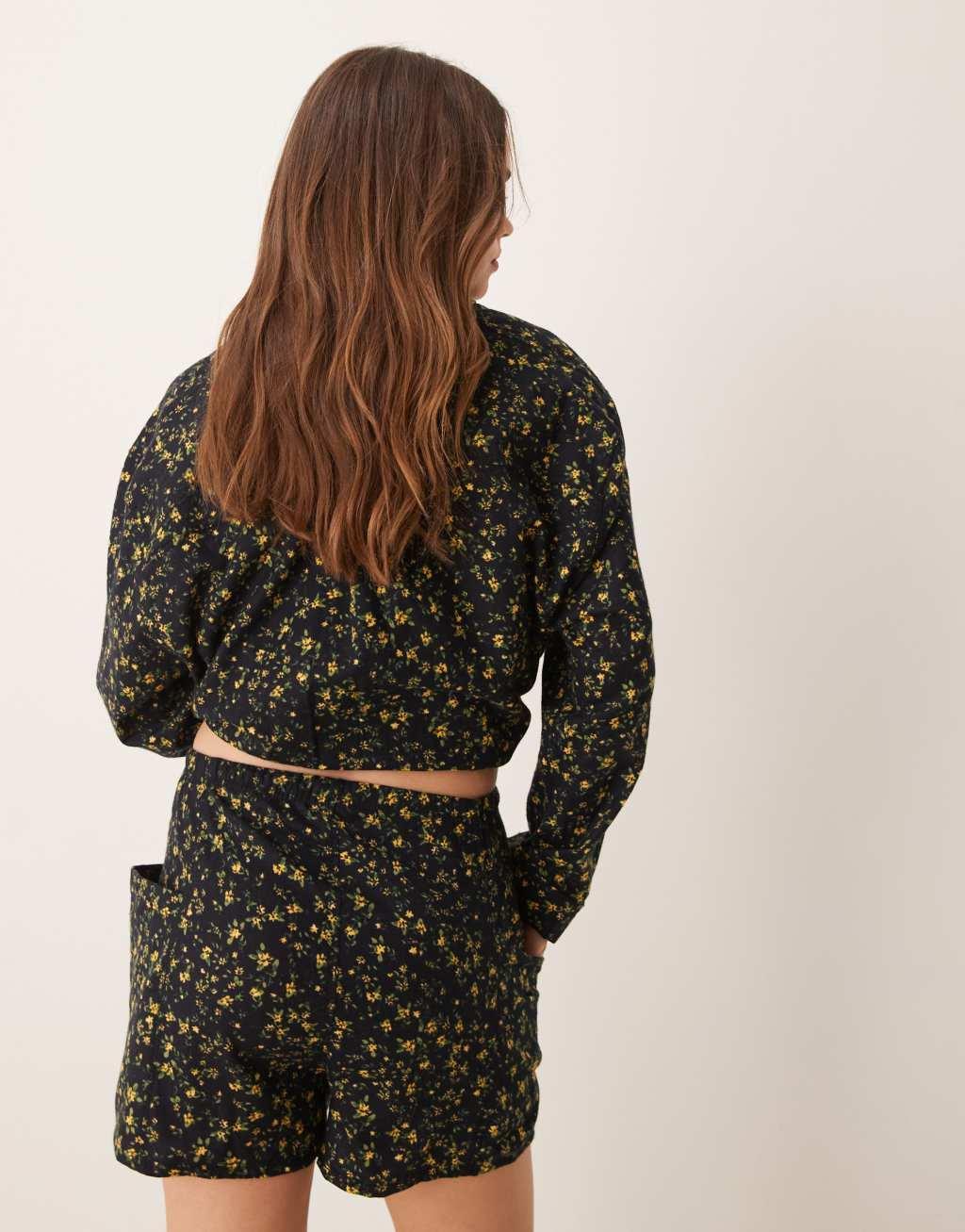 Free People printed satin pajama set in black Product Image