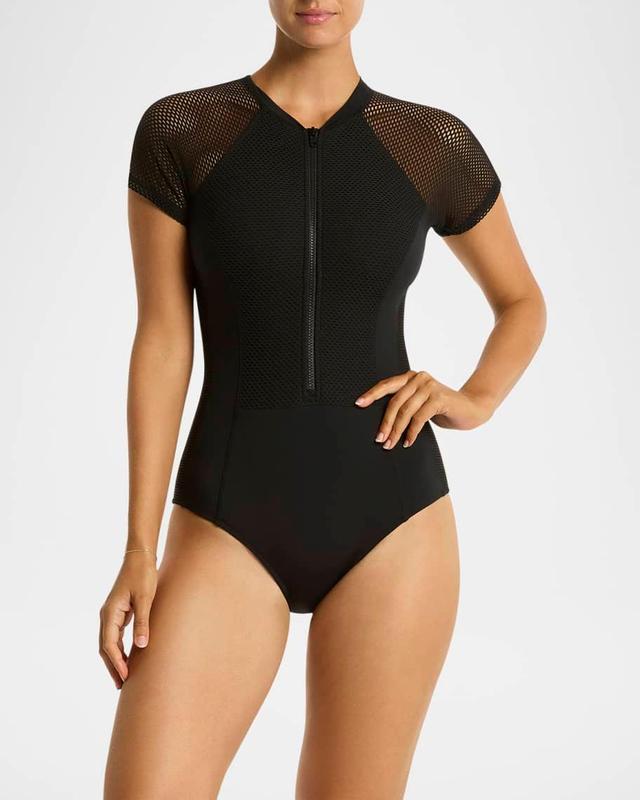 Mesh Short-Sleeve Rashguard One-Piece Swimsuit Product Image