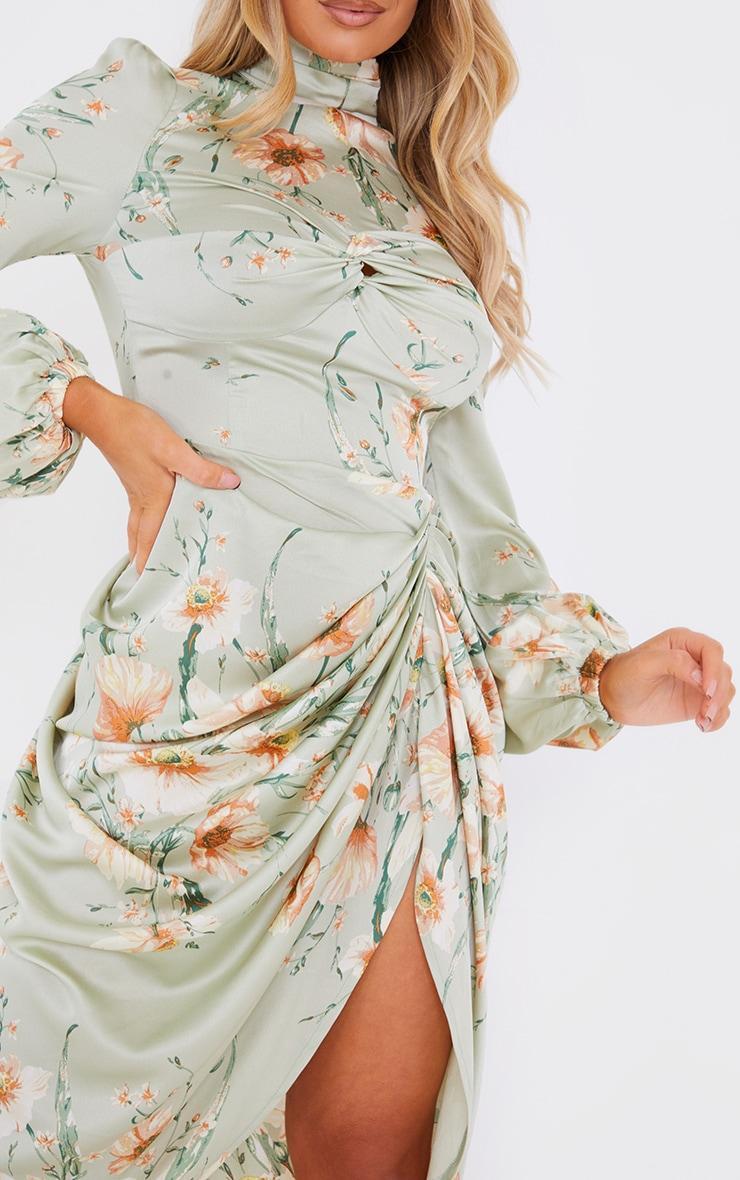 Sage Green Floral Twist Bust Draped Midi Dress Product Image