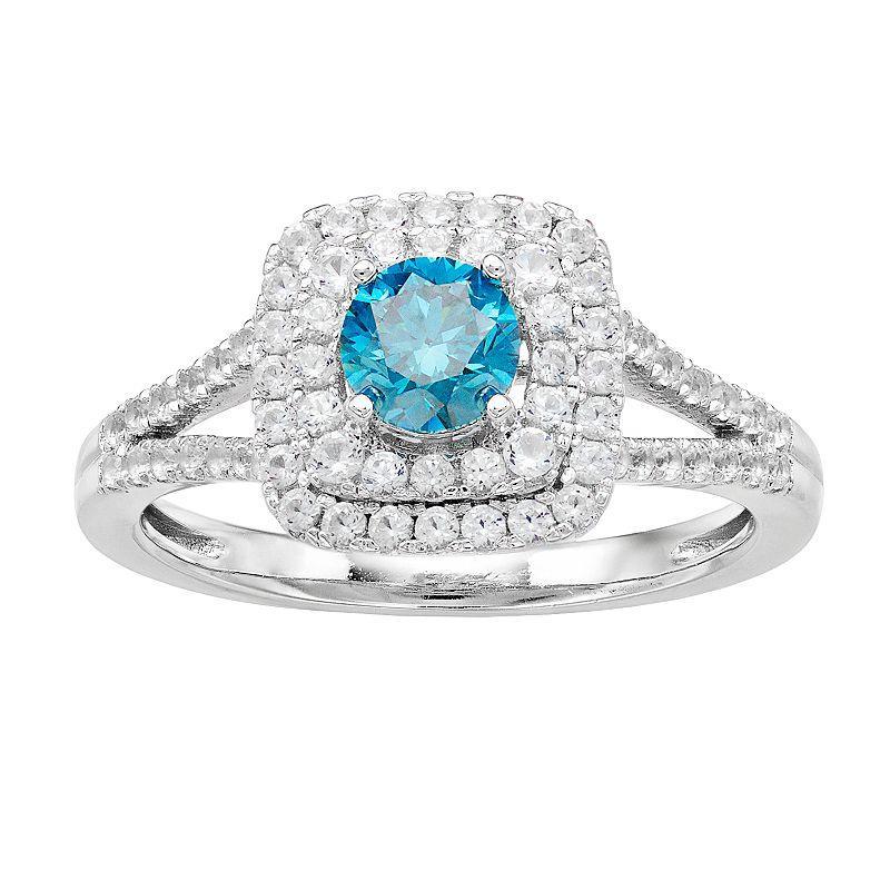 10K White Gold 1 Carat T.W. Diamond Blue & White Ring, Womens 10k Whgold Product Image