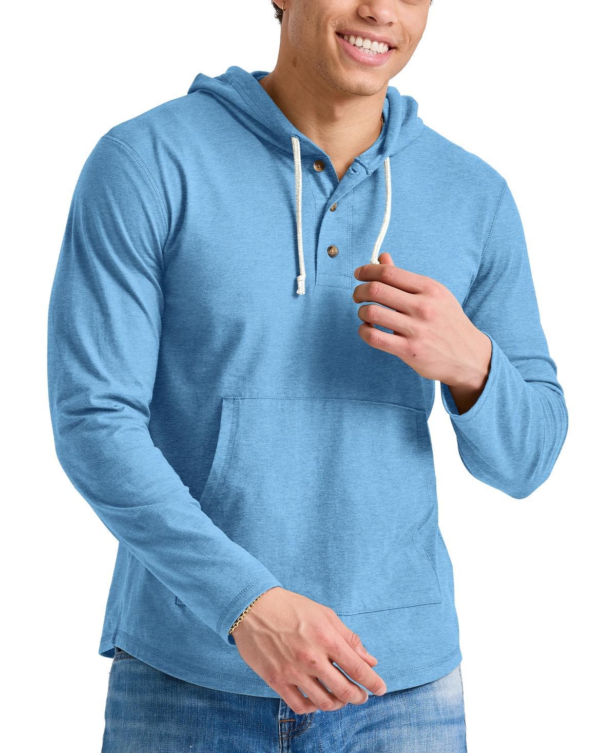 Mens Hanes Originals Cotton Henley Hoodie Blue Product Image