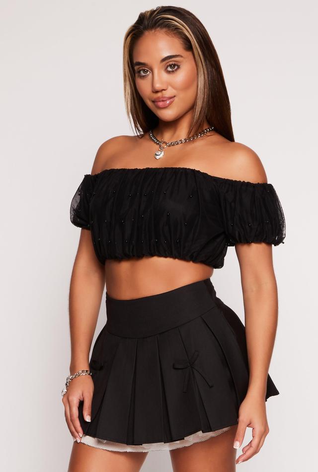 Womens Beaded Mesh Off the Shoulder Crop Top Product Image