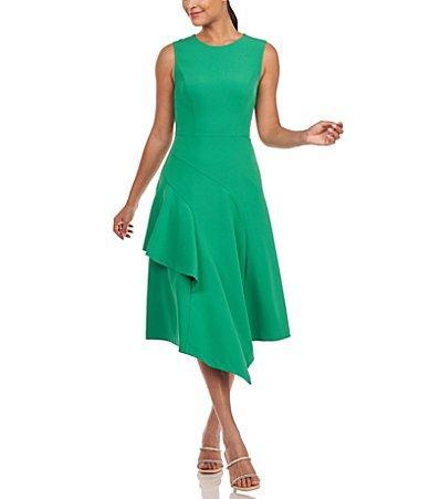 Kay Unger Stretch Crew Neck Sleeveless Fit and Flare Asymmetrical Hem Midi Dress Product Image