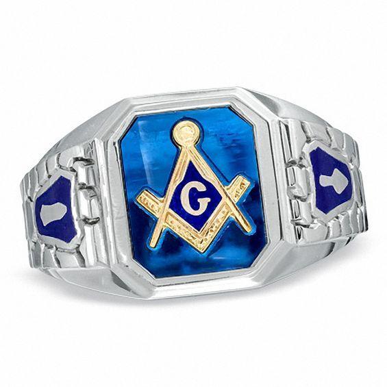 Men's Lab-Created Blue Sapphire and Enamel Comfort Fit Masonic Ring in Sterling Silver Product Image