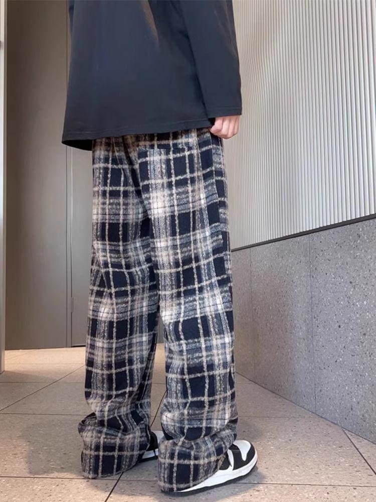 Mid Rise Plaid Wide Leg Pants Product Image