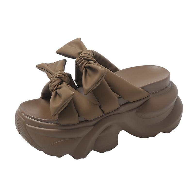 Platform Plain Bow Accent Faux Leather Sandals Product Image