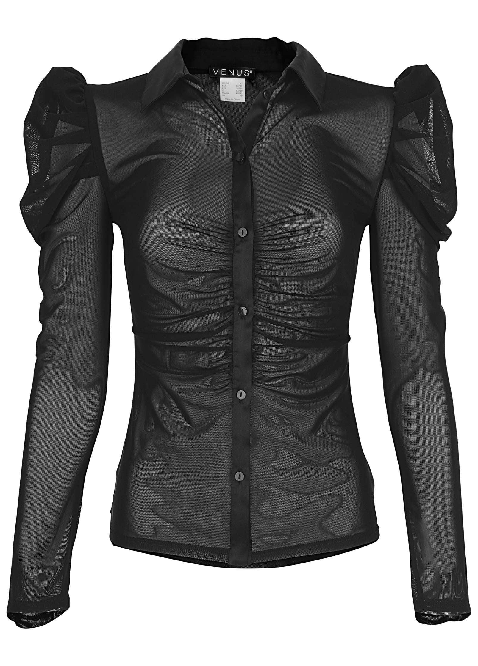 Mesh Button Front Top - Black Product Image