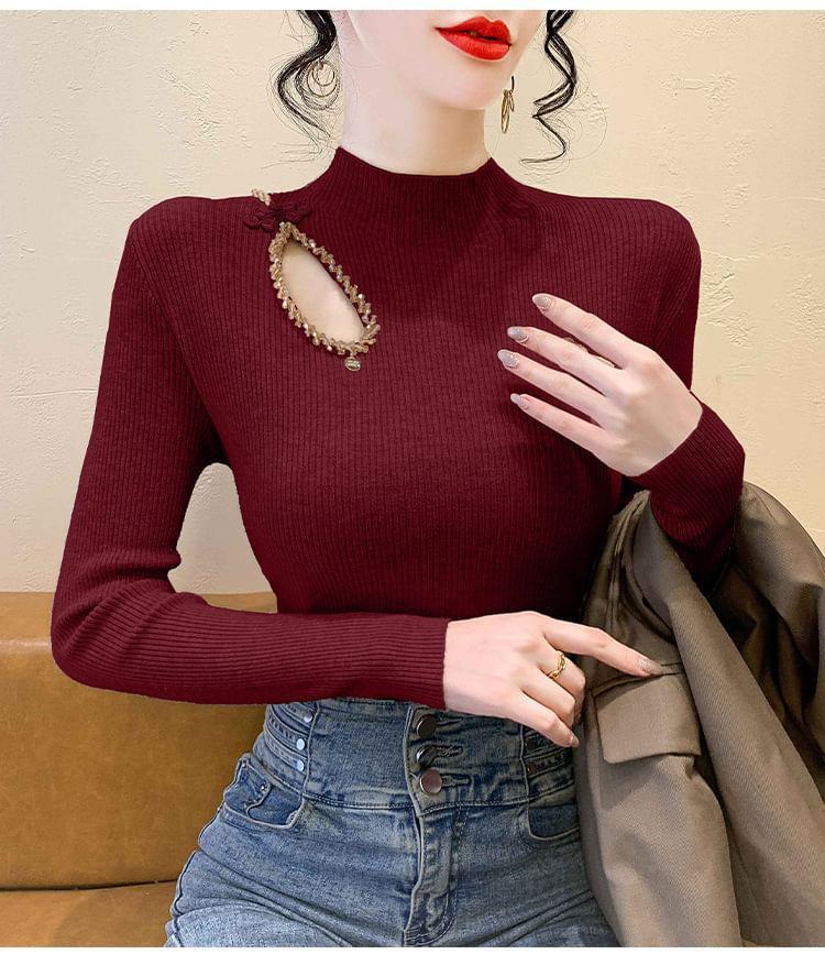 Long Sleeve Mock Neck Beaded Cutout Ribbed Knit Top Product Image