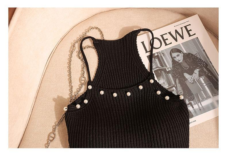 Faux Pearl Ribbed Knit Crop Camisole Top Product Image