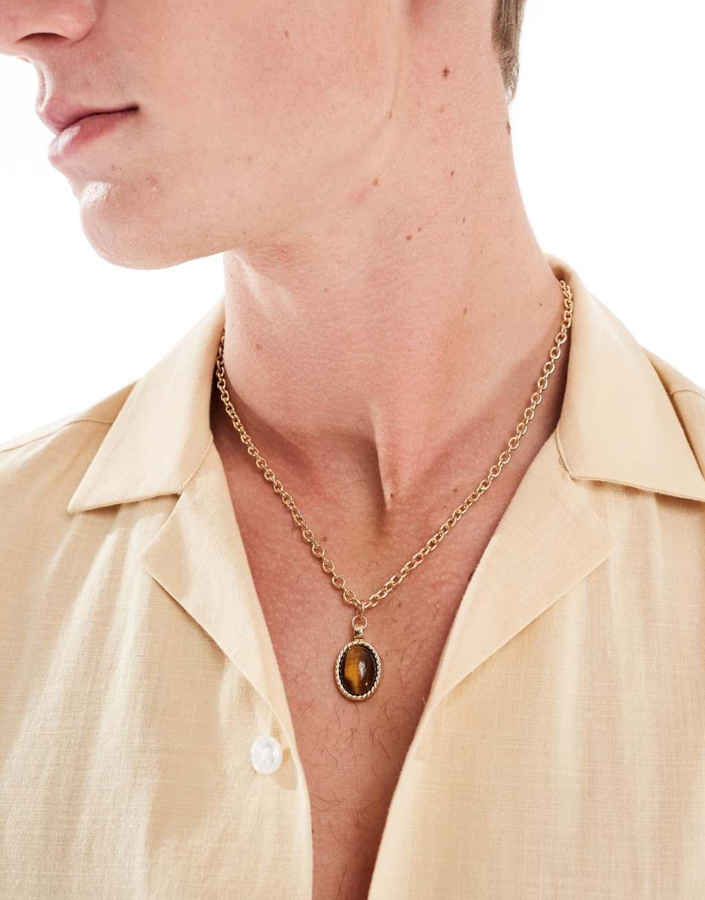 Icon Brand tigers eye oval pendant necklace in gold Product Image