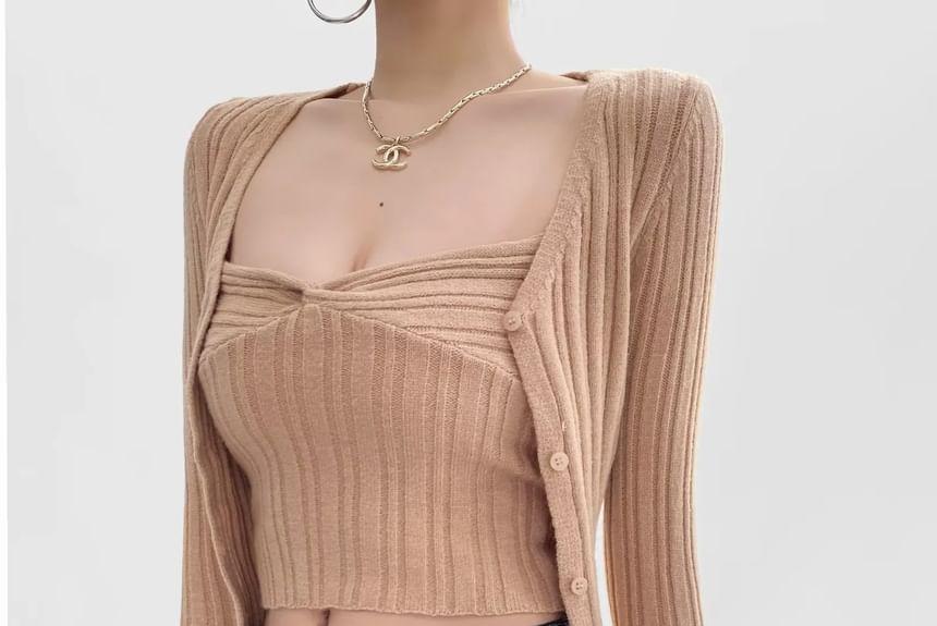 Set: V-Neck Plain Crop Cardigan + Cami Top Product Image