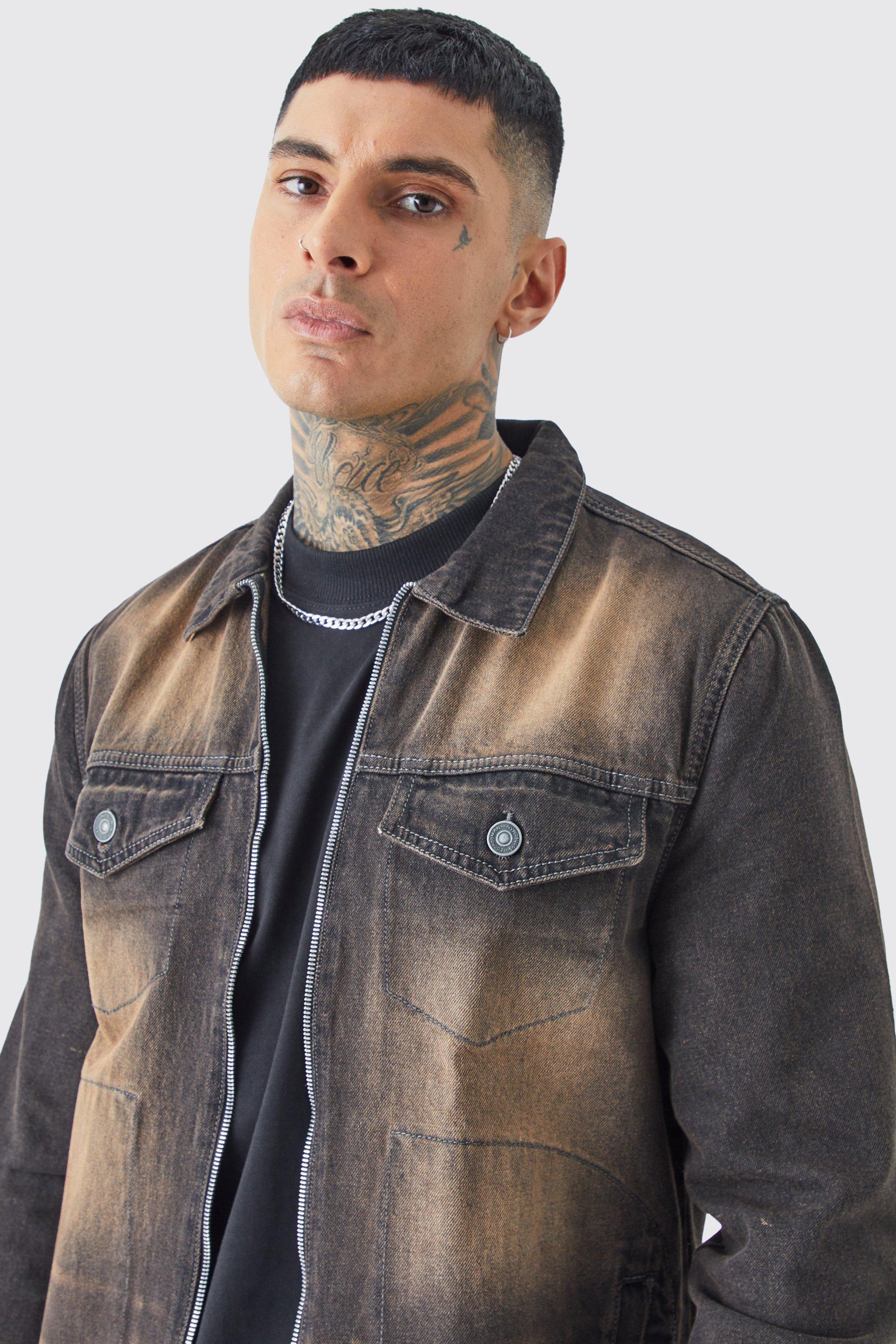 Tall Zip Through Washed Denim Jacket | boohooMAN USA Product Image