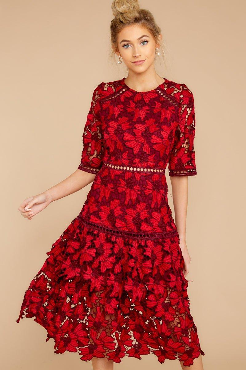 Get To The Point Red Lace Midi Dress Product Image