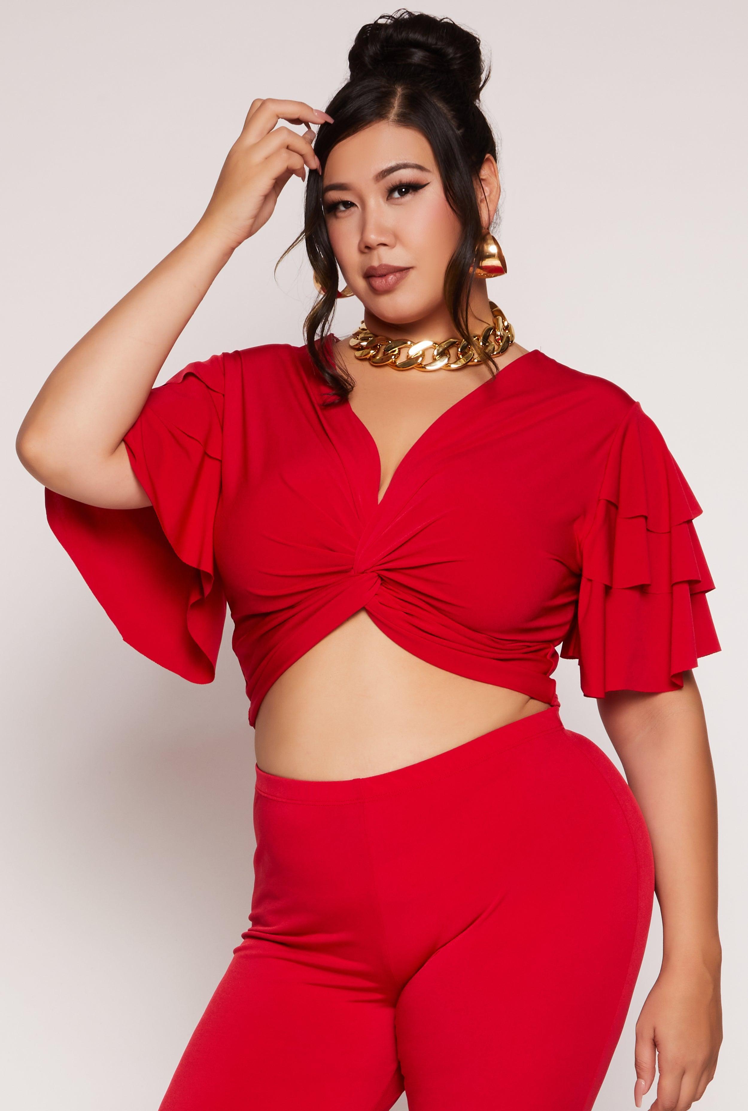 Womens Plus Size Tiered Sleeve Twist Front Crop Top Product Image