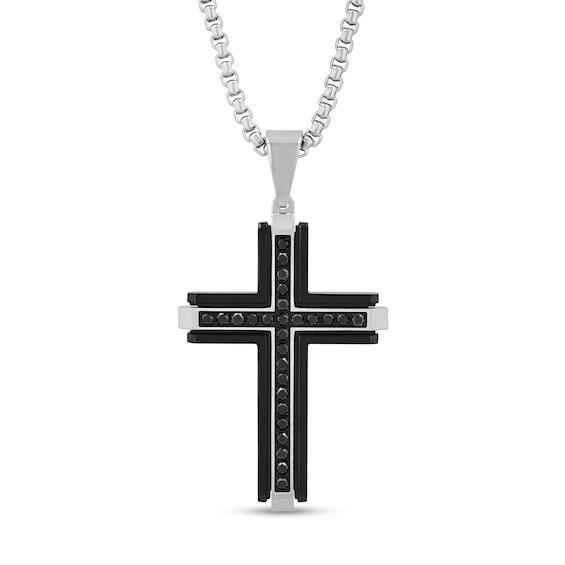 Men's 1 CT. T.w. Black Diamond Double Row Cross Pendant in Stainless Steel with Black Ion Plate - 24" Product Image