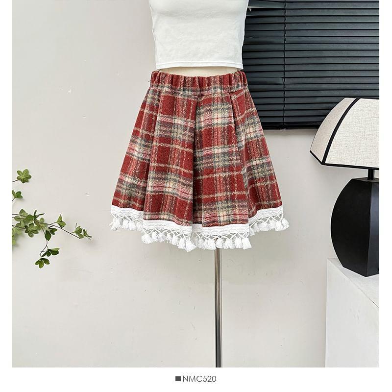 Fringed Plaid Mini Skirt Product Image