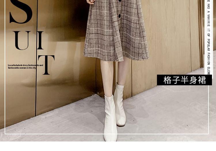 High Rise Plaid Button Accent Midi A-Line Skirt Product Image