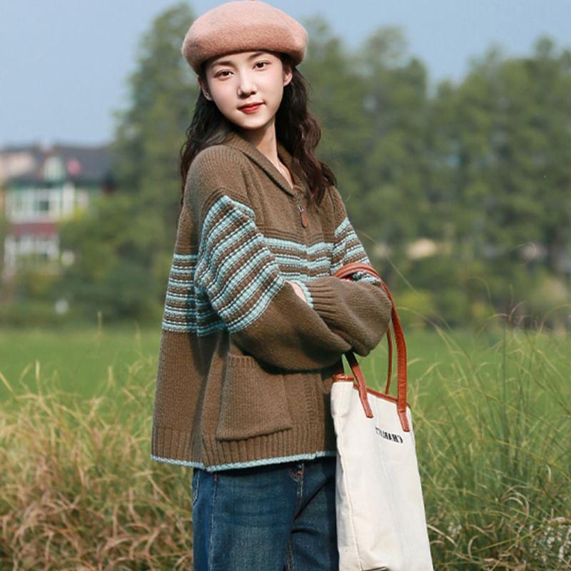 Striped Collared Zip Cardigan Product Image