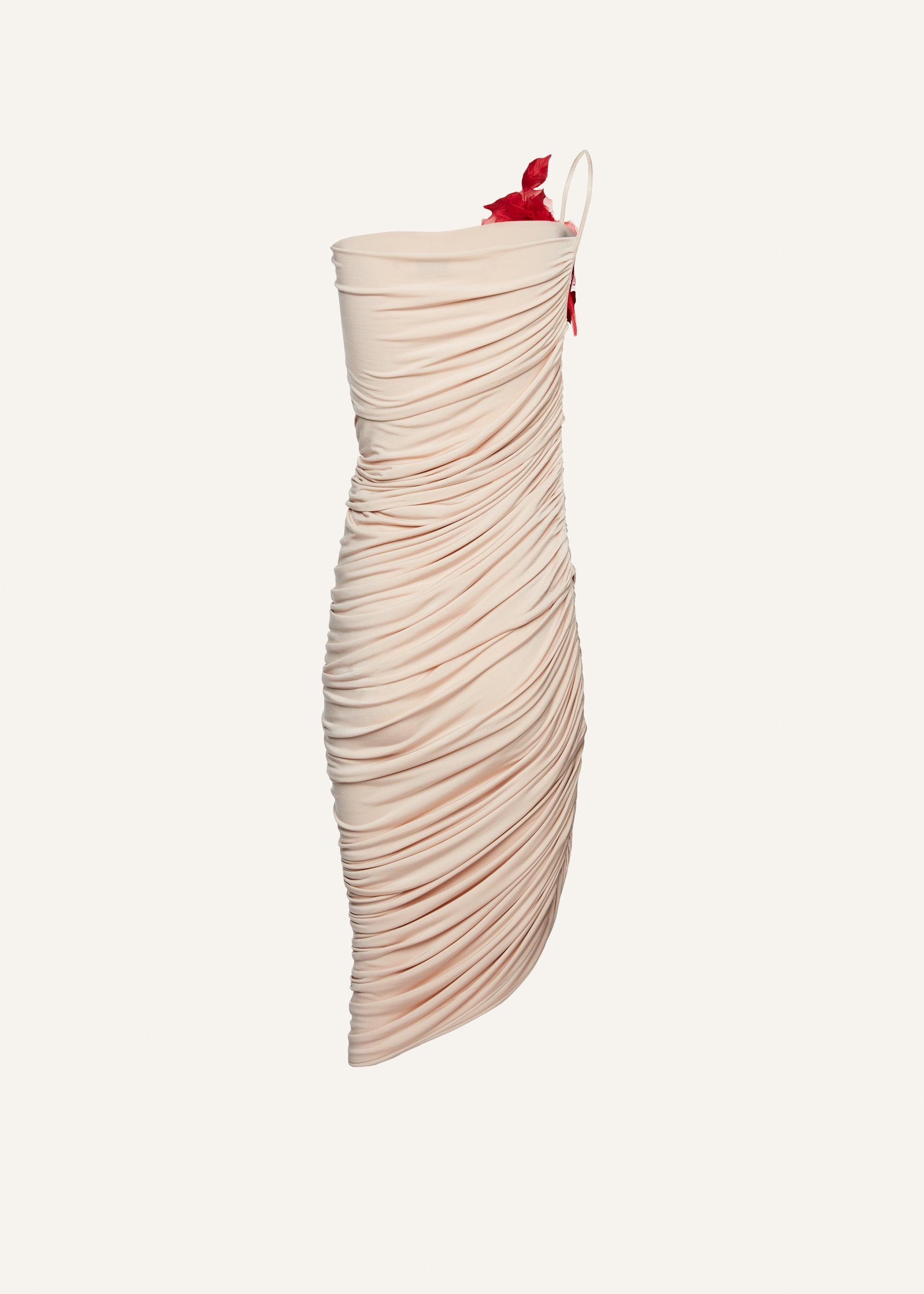 One-shoulder rose-embellished dress in beige Product Image