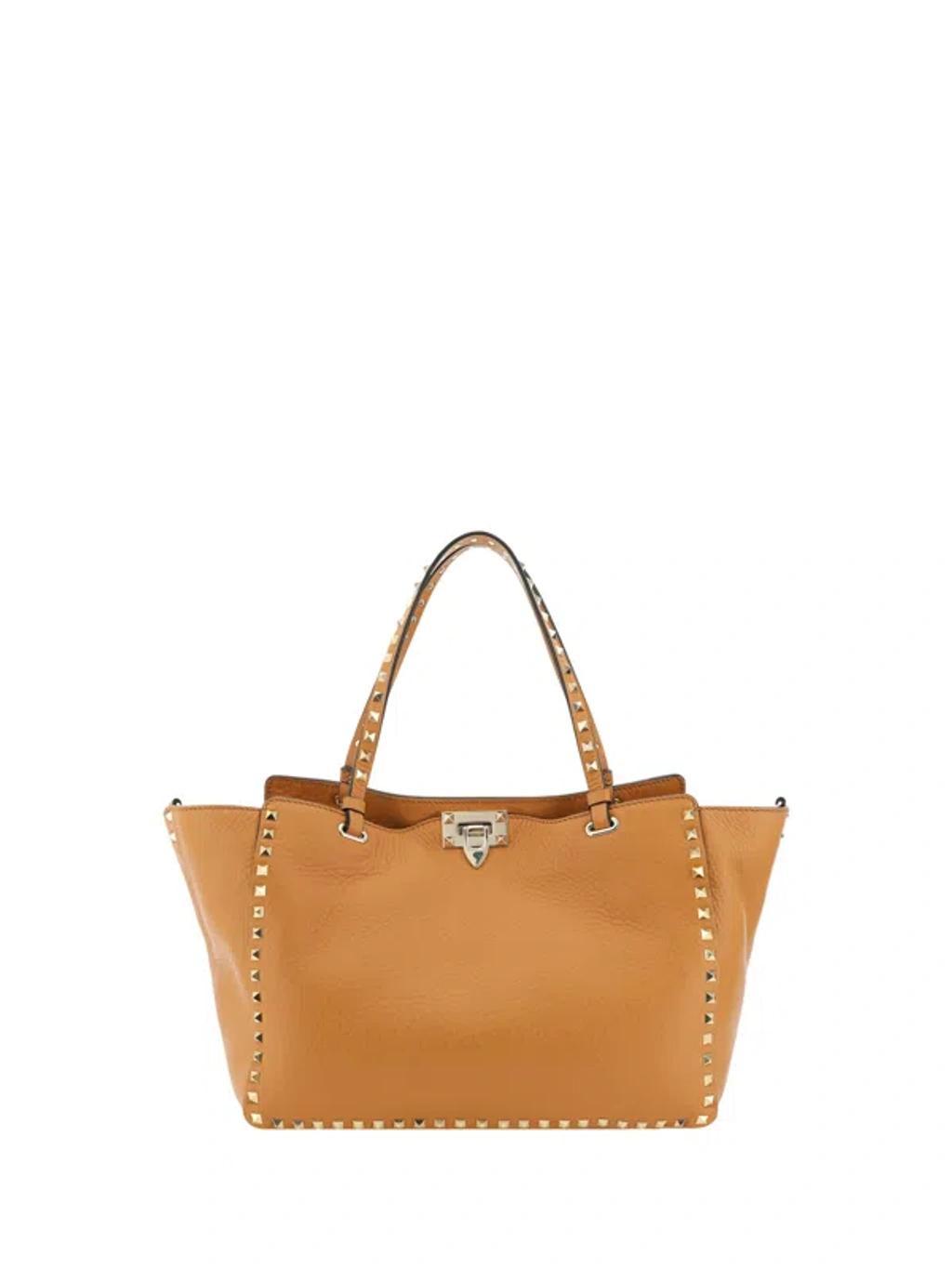 VALENTINO GARAVANI Camel Leather Medium Rockstud Shoulder Bag In Almond Beige Product Image