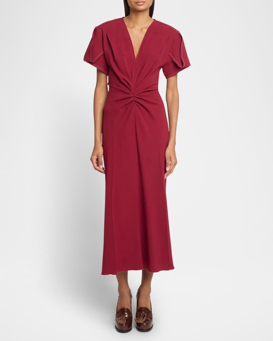 Gathered V-Neck Midi Dress Product Image