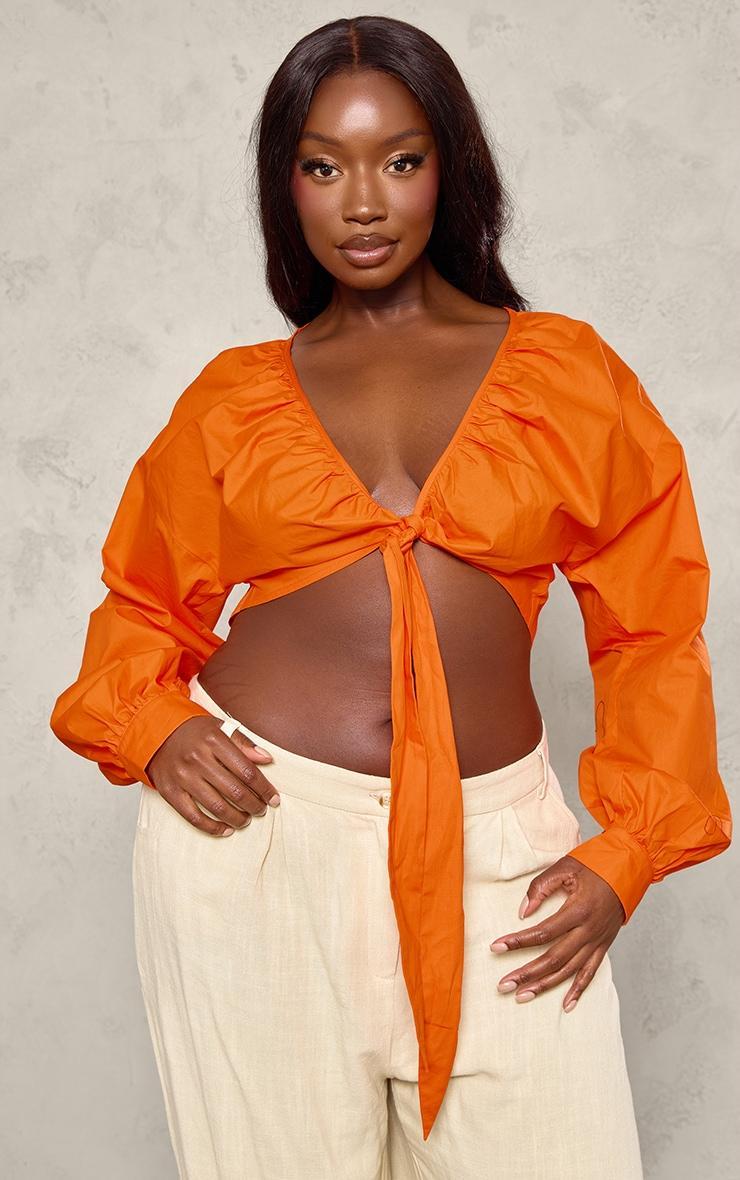 Plus Orange Printed Tie Front Ruched Blouse Product Image