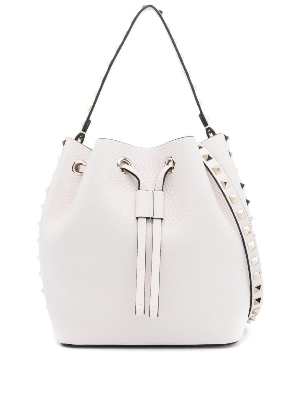 Women's Rockstud Leather Bucket Bag In White Product Image