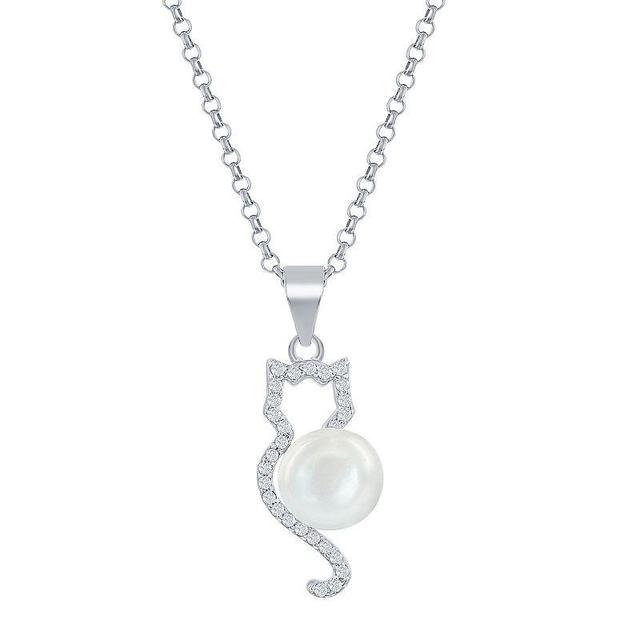 Sterling Silver Cubic Zirconia Freshwater Cultured Pearl Cat Pendant Necklace, Womens White Product Image