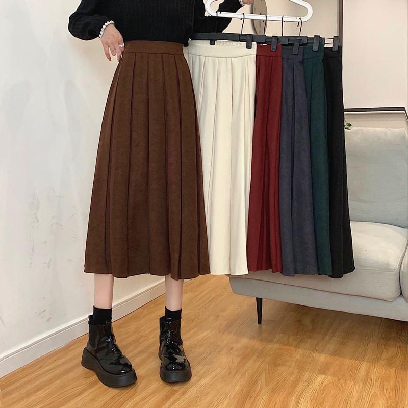 High Rise Plain Pleated Midi A-Line Skirt Product Image