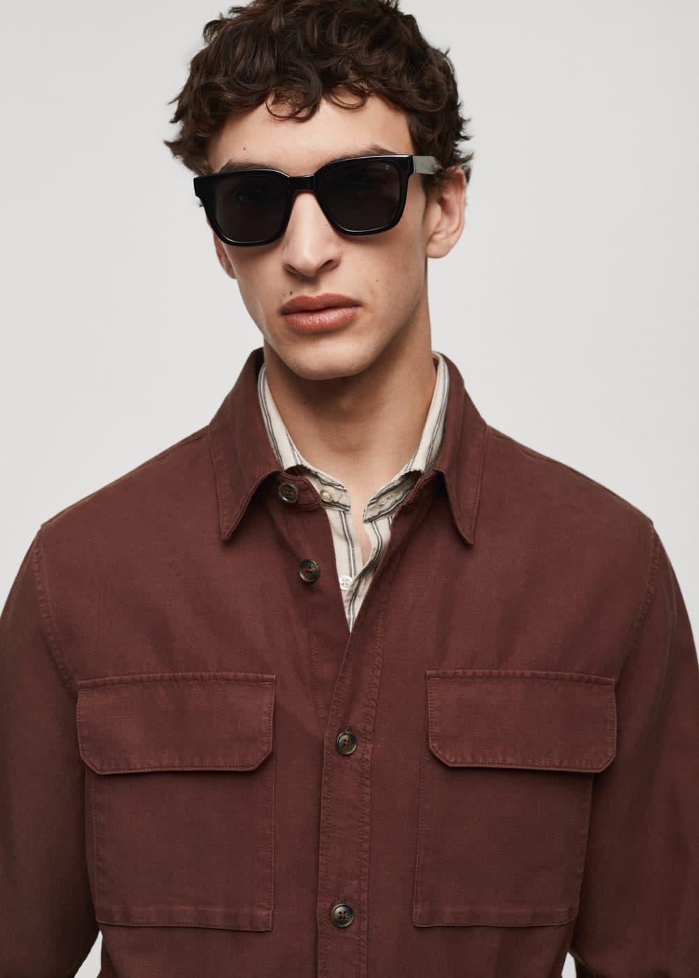 MANGO MAN - Linen overshirt with pockets burgundyMen Product Image