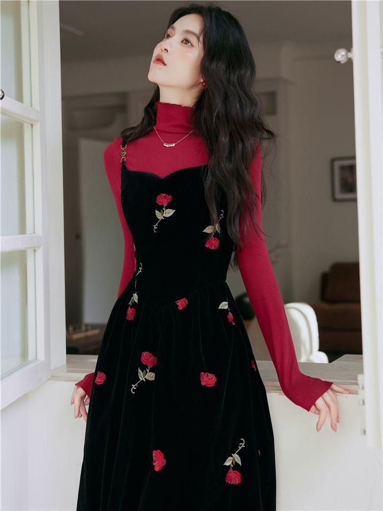 Set: Long-Sleeve Mock Neck Plain Knit Top + Spaghetti Strap Floral Embroidery Maxi A-Line Dress Product Image