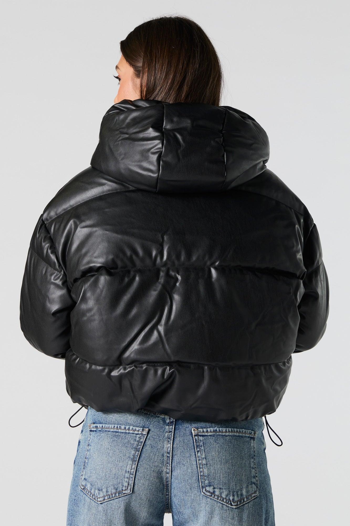 Faux Leather Hooded Puffer Jacket Female Product Image