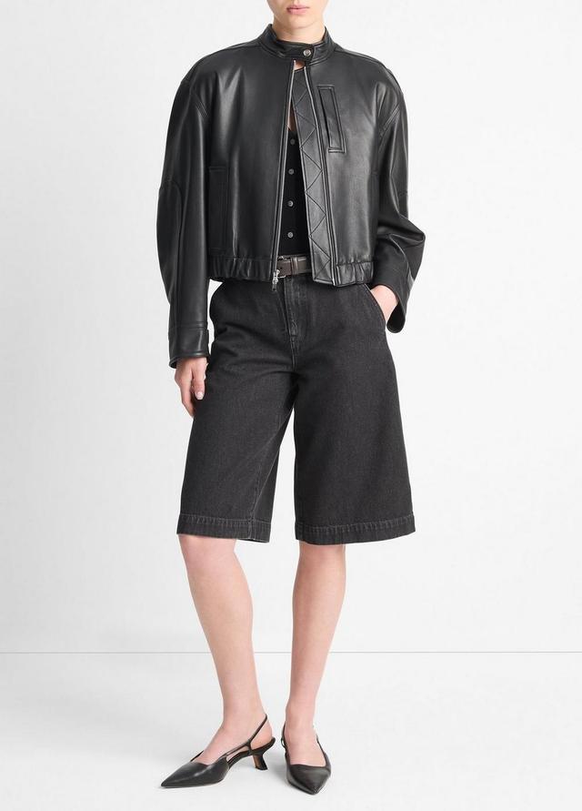 Leather Cropped Bomber Jacket Product Image