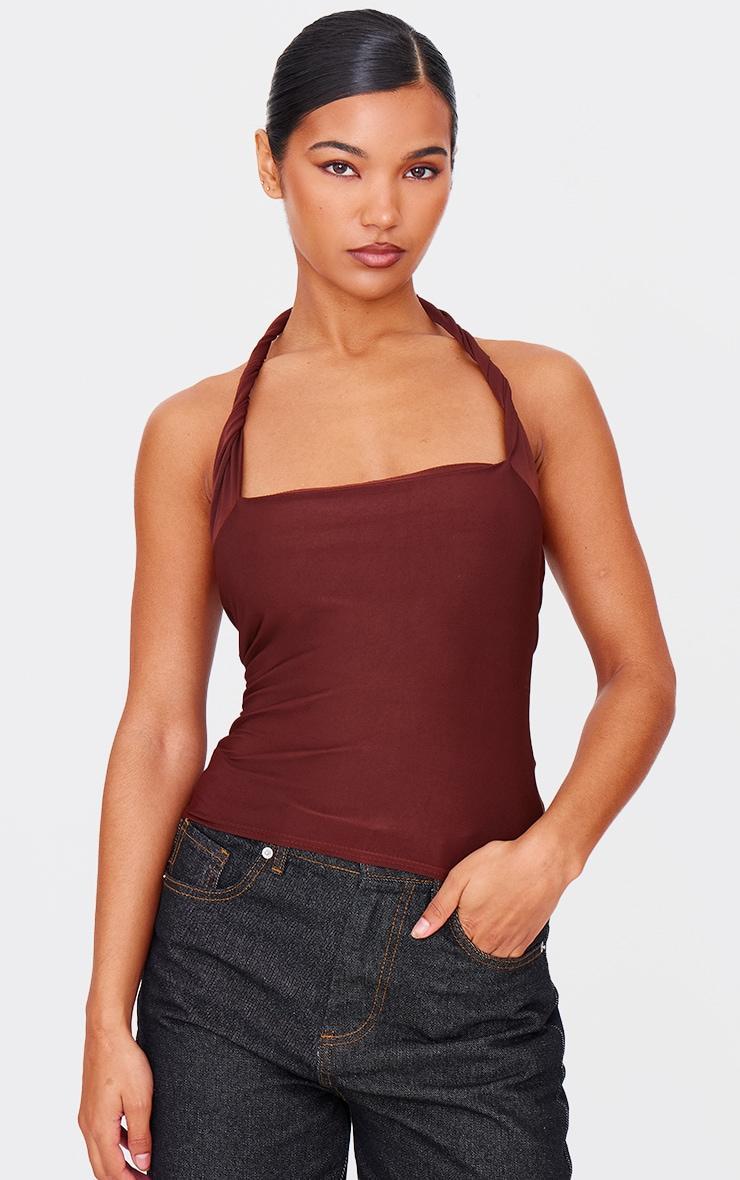 Chocolate Halter Neck Twist Strap Detail Crop Top Product Image