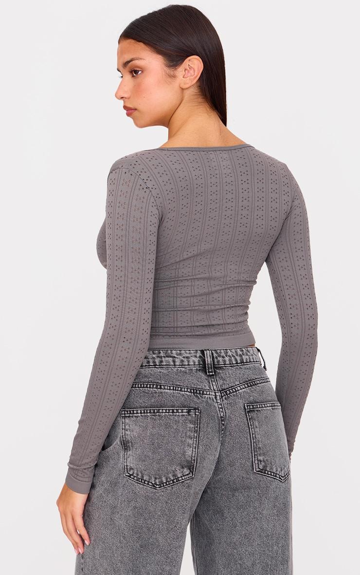 Charcoal Contour Pointelle Square Neck Long Sleeve Top Product Image