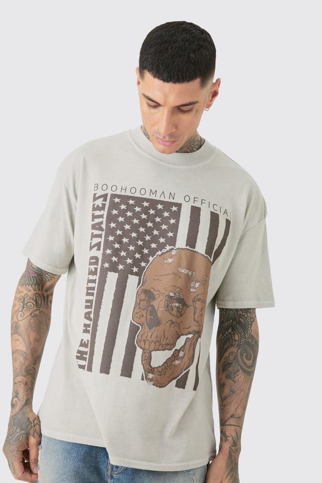 Oversized US Skull Print Wash T-shirt | boohooMAN USA Product Image