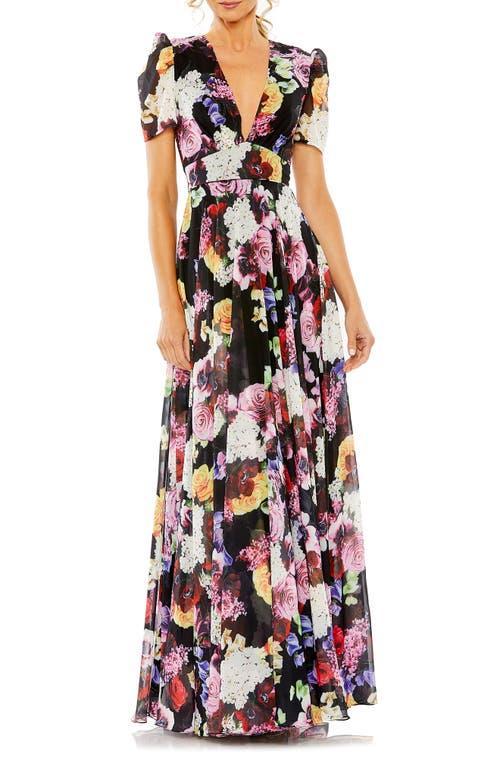 Ieena for Mac Duggal Floral Short Sleeve Pleated Gown Product Image