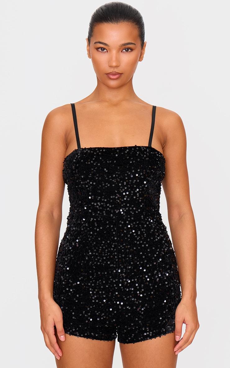 Black Strappy Sequin Hot Pant Romper Product Image