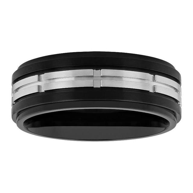 Mens Black & Gray Stainless Steel Treaded Wedding Band Two Tone Product Image