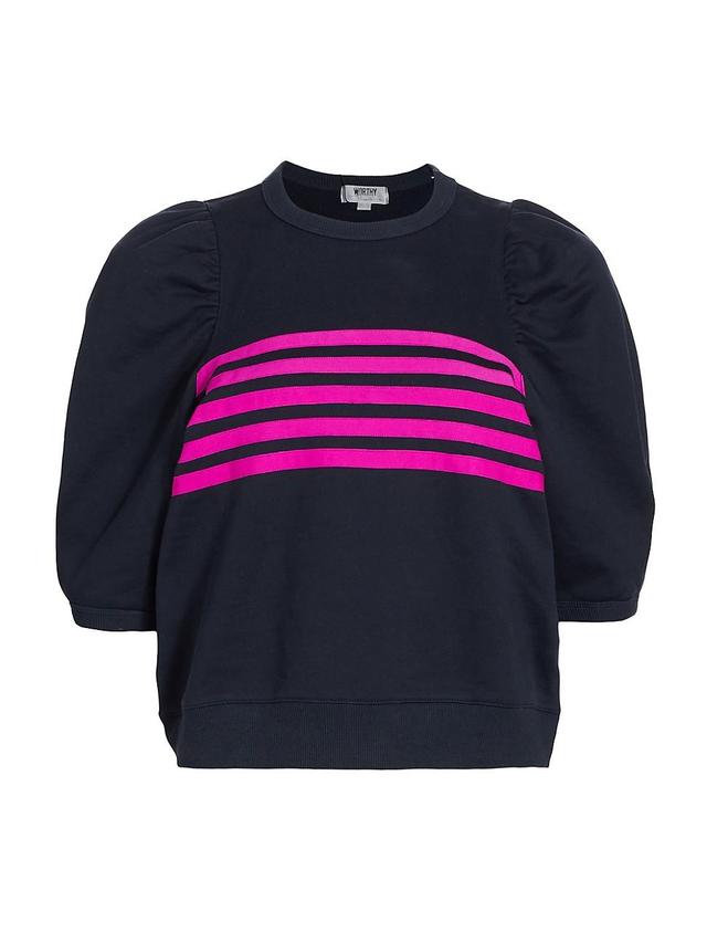 Womens Cotton Striped Puff-Sleeve Top - Navy With Magenta Stripes - Size XL Product Image