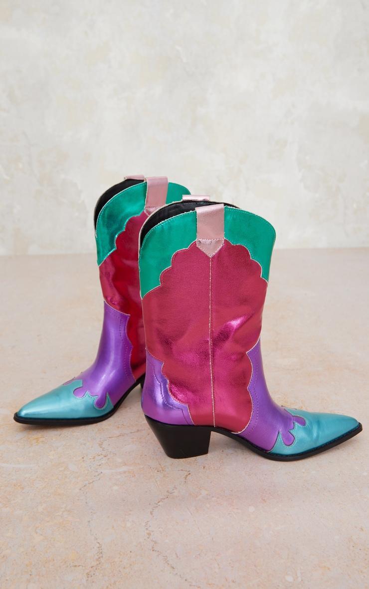 Multi Faux Leather Bright Metallic Block Heeled Western Calf Boots Product Image