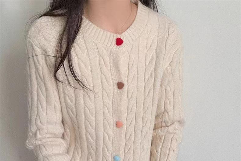 Round Neck Plain Buttoned Cable Knitted Cardigan Product Image