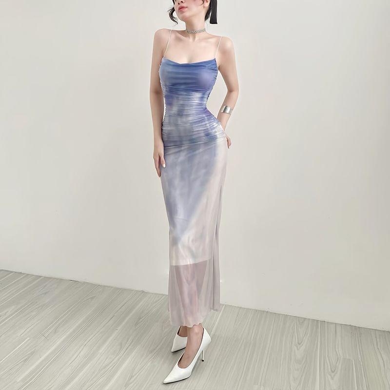 Spaghetti Strap Tie Dye Mesh Maxi Sheath Dress Product Image