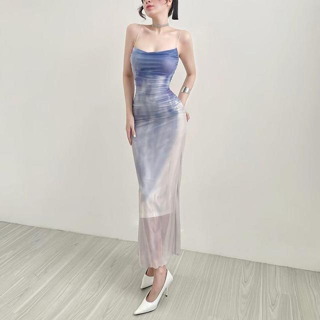 Spaghetti Strap Tie Dye Mesh Maxi Sheath Dress Product Image