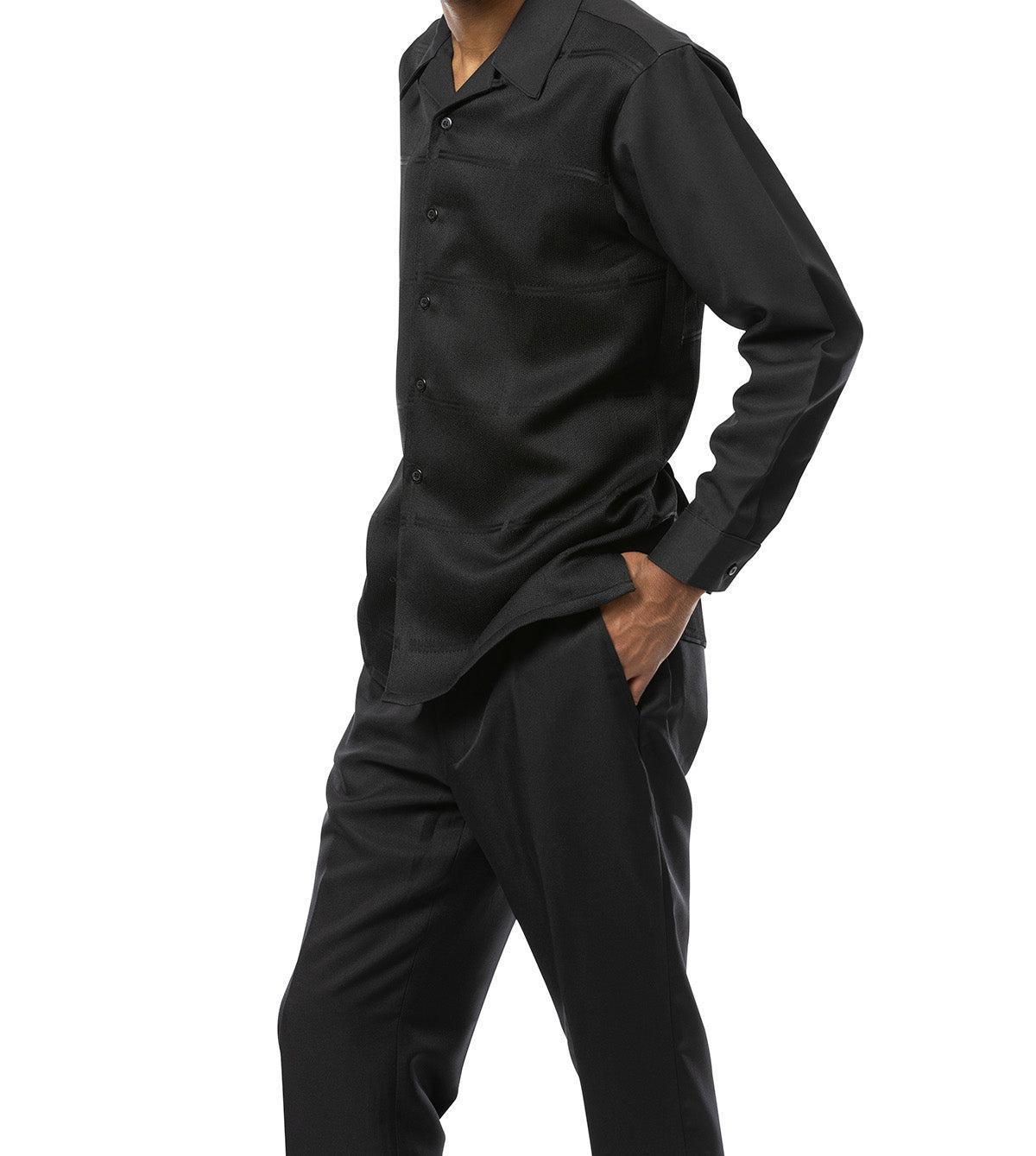 Black Tone-on-Tone 2 Piece Long Sleeve Walking Suit Set Product Image