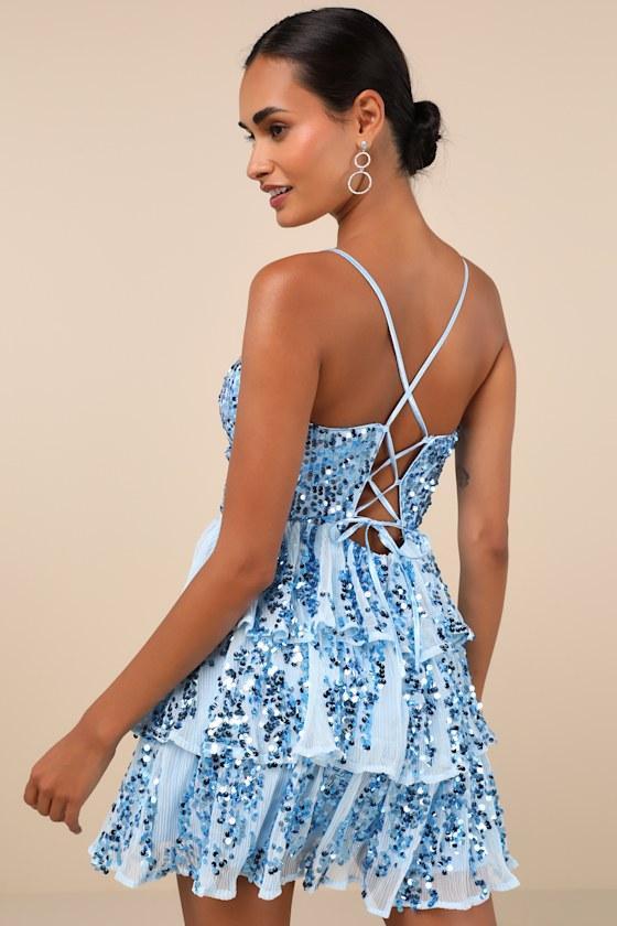 Spectacular Party Light Blue Sequin Tiered Lace-Up Mini Dress Product Image