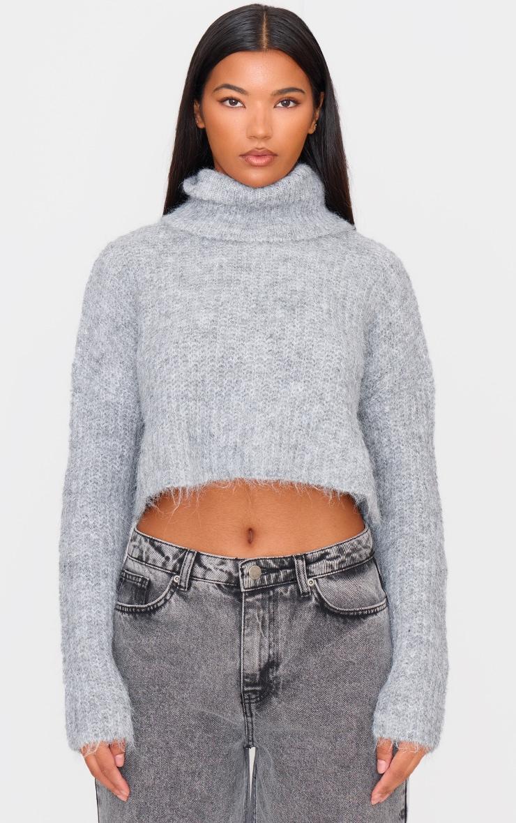 Grey Eyelash Knit High Neck Sweater Product Image