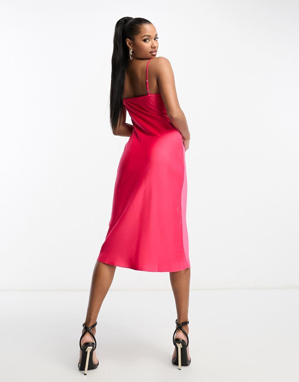 River Island Petite lace cowl neck slip dress in bright pink Product Image