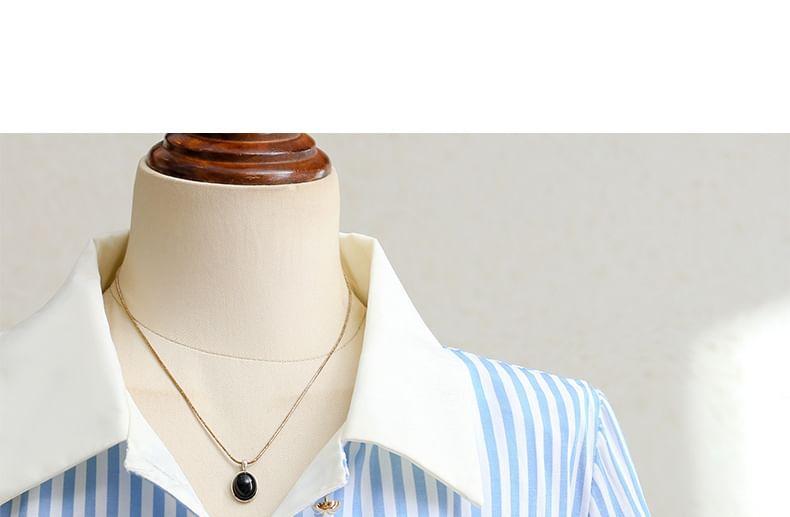 Long Sleeve Collared Striped Panel Shirt Product Image