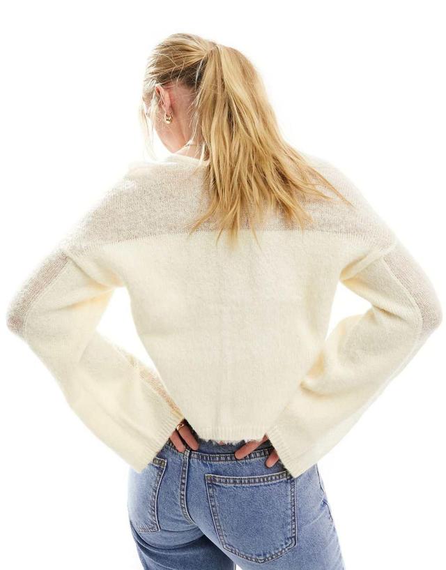 ASOS DESIGN V-neck sweater with sheer panel in cream Product Image